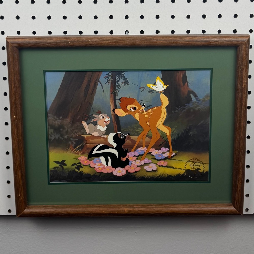 Vintage 1991 Disney Store Exclusive Bambi Thumper Flower Framed Lithograph 12x15